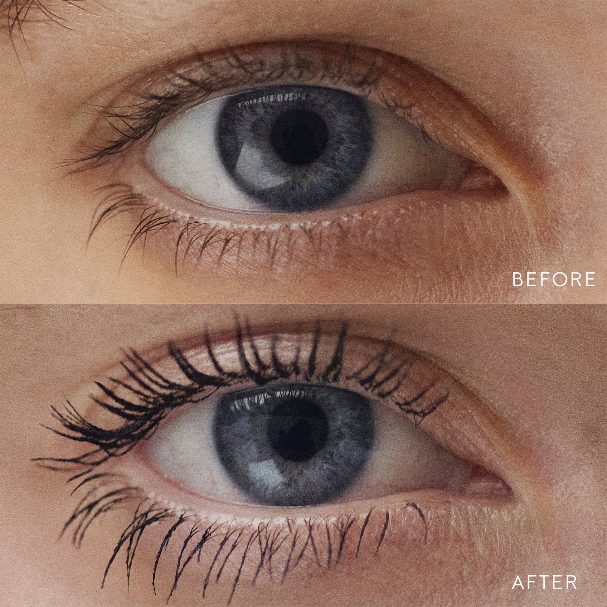 a close up of a person’s eyes showing them before and after applying im-possible mascara