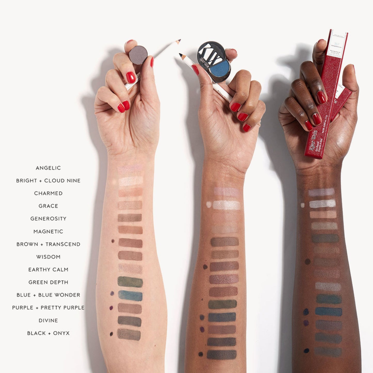 Three arms of three different skin tones all with a swatch of each eye pencil shade and eye shadow shade