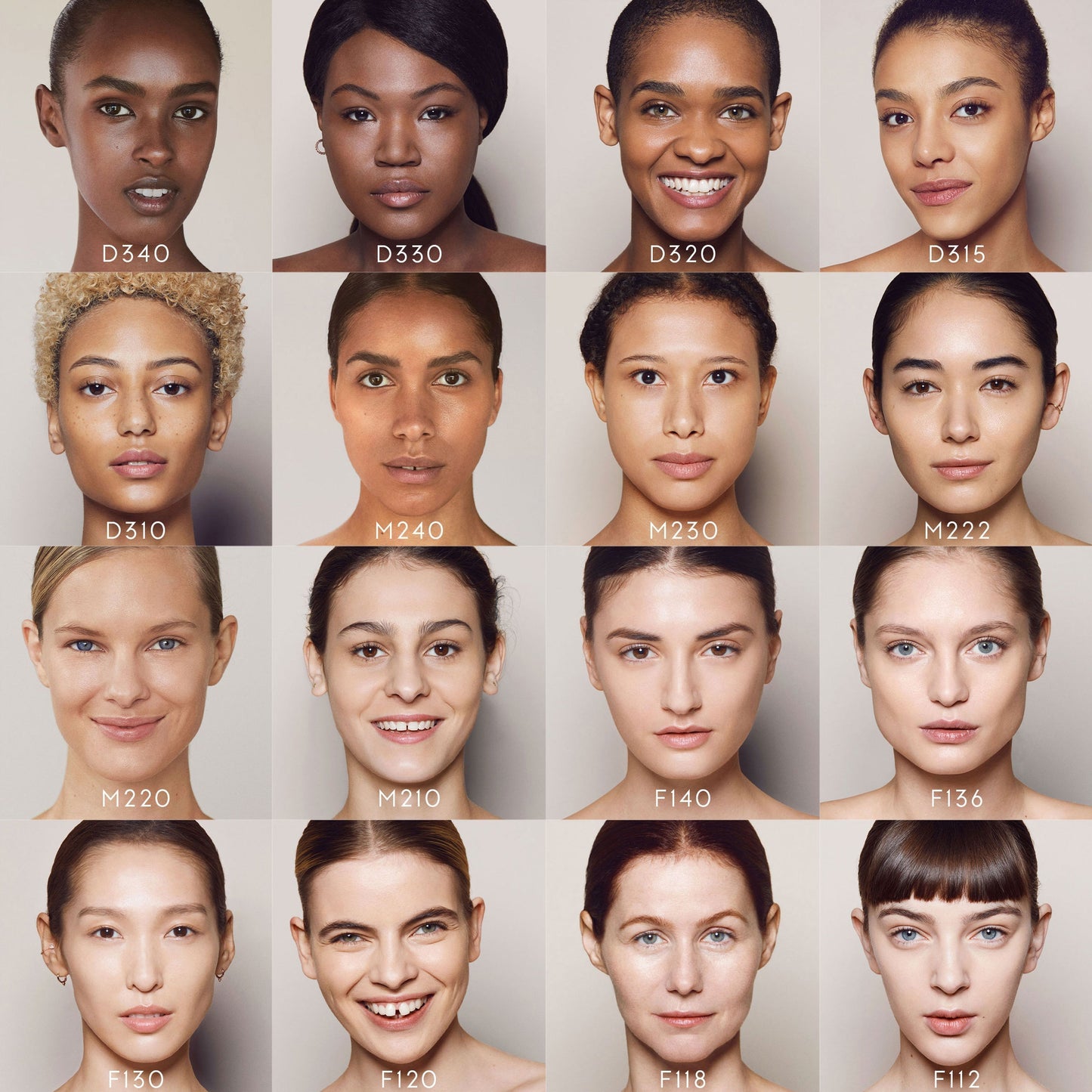 Close ups of various faces of different skin tones, from dark to light with the foundation shades they are wearing. F136 is the fifth-lightest shade shown.