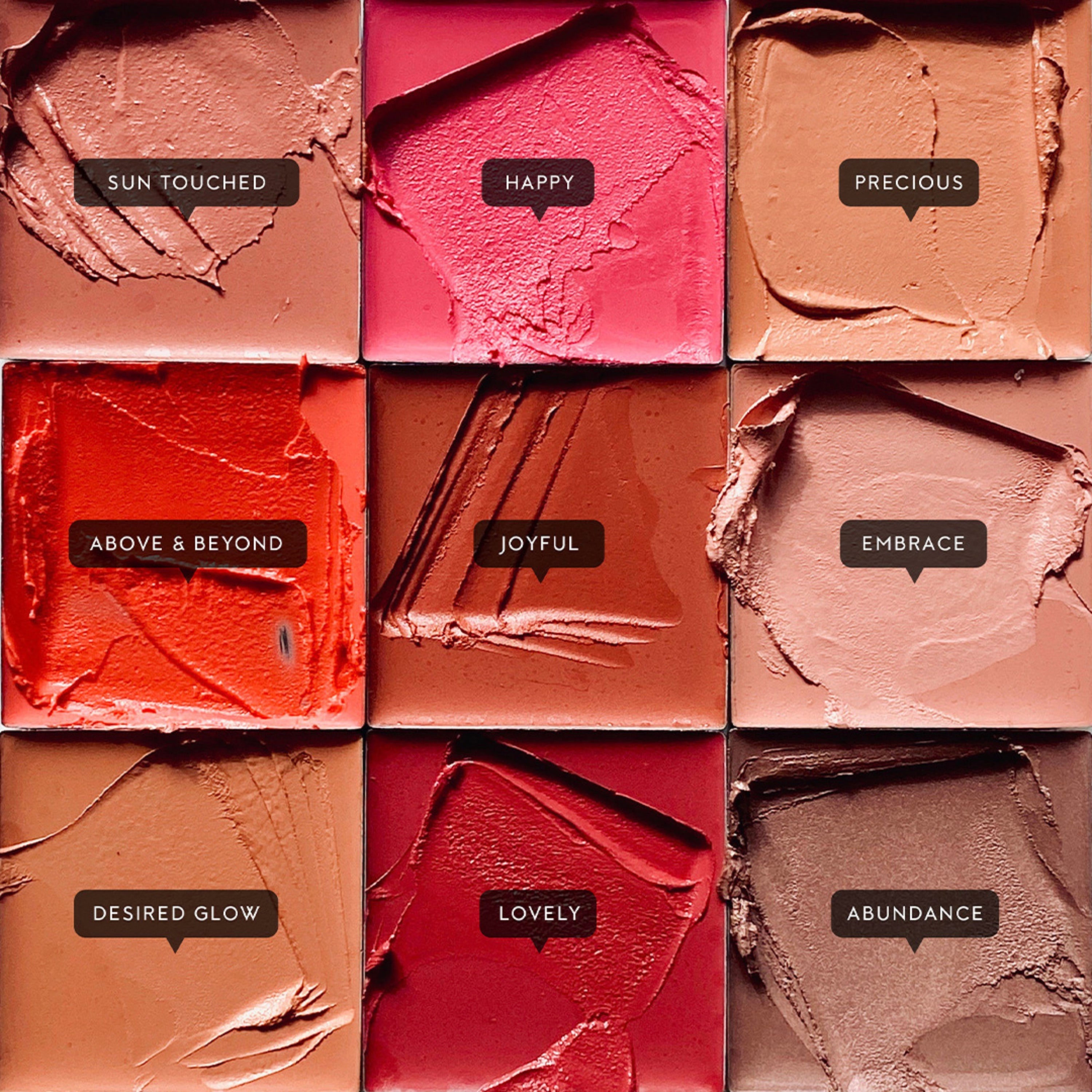 Nine different shades of cream blush. Happy is a vibrant pink shade.