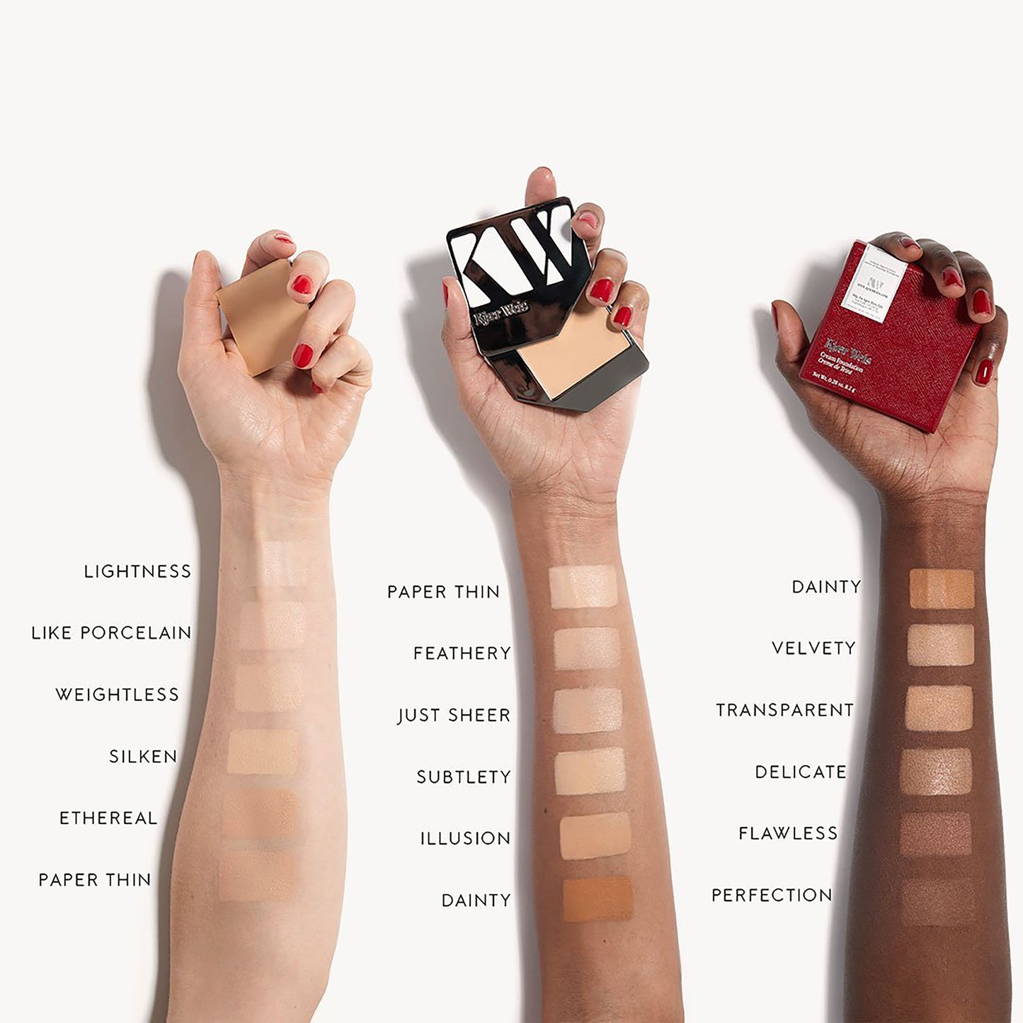 Three arms of three different skin tones all with a swatch of cream foundation from darkest to lightest shade. Ethereal is the second-darkest shade on the lightest skin tone.