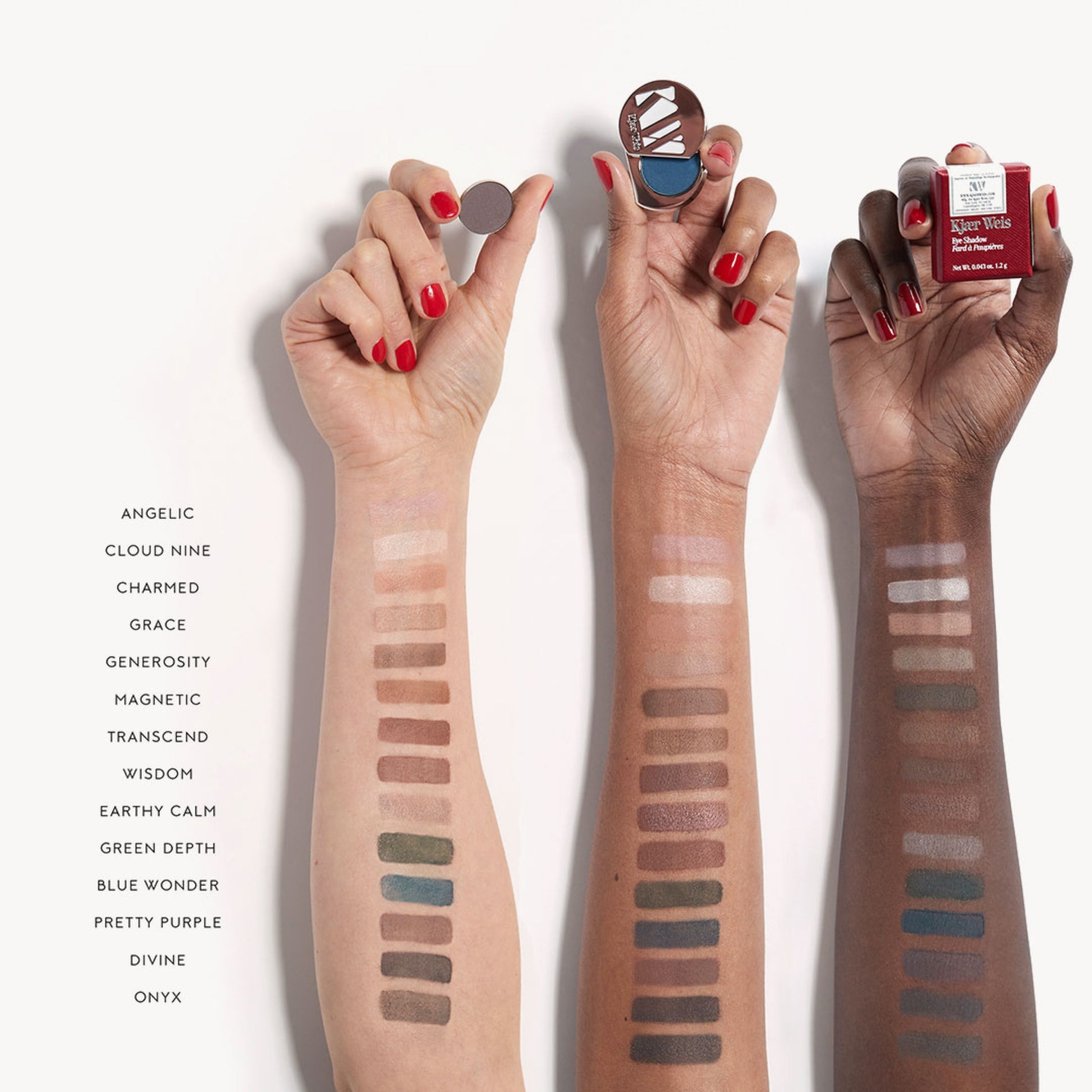 three arms of three different skin tones all with a swatch of each eye shadow shade