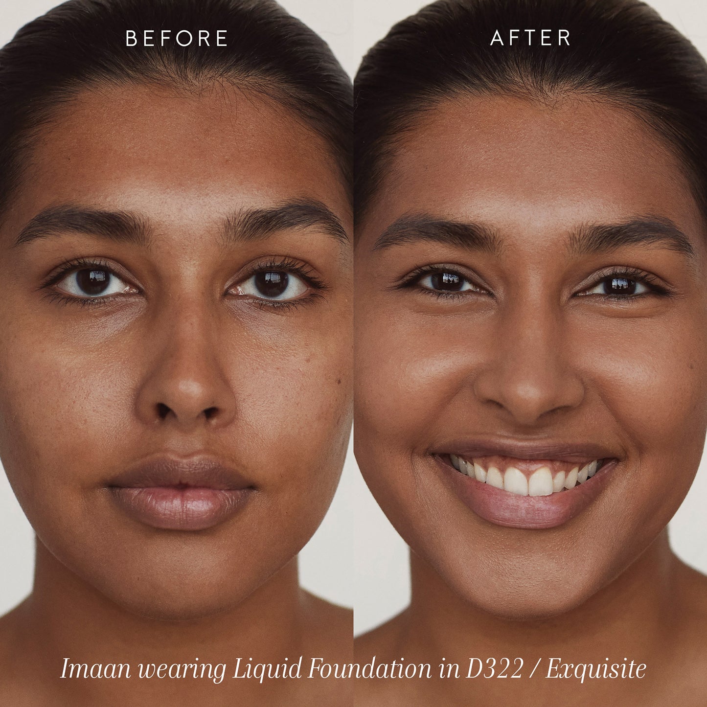 Two close ups of a person’s face showing before and after applying Invisible Touch Liquid Foundation.
