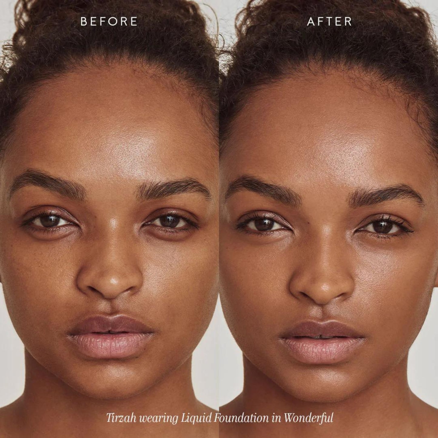 Two close ups of a person’s face showing before and after applying Invisible Touch Liquid Foundation.