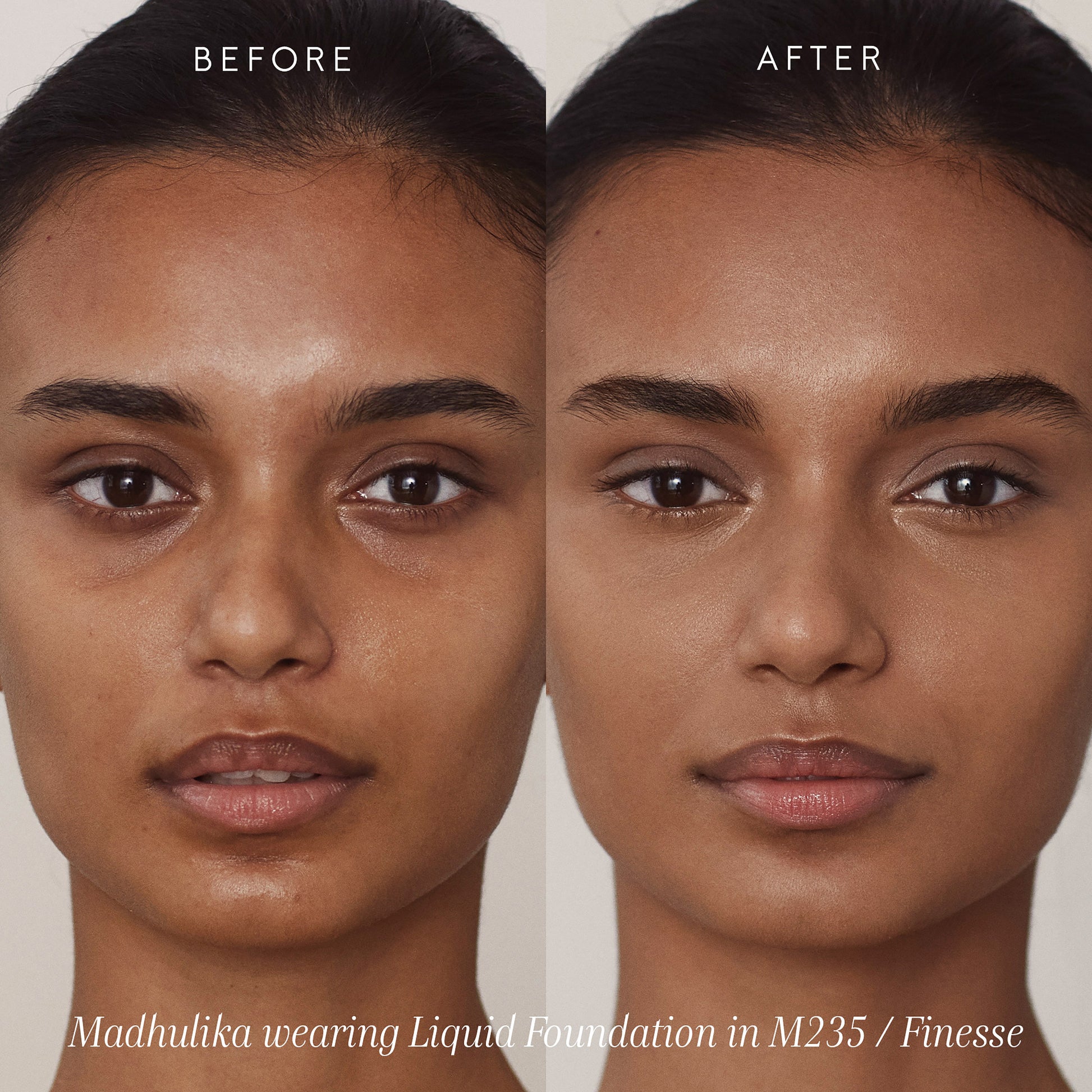 Two close ups of a person’s face showing before and after applying Invisible Touch Liquid Foundation.