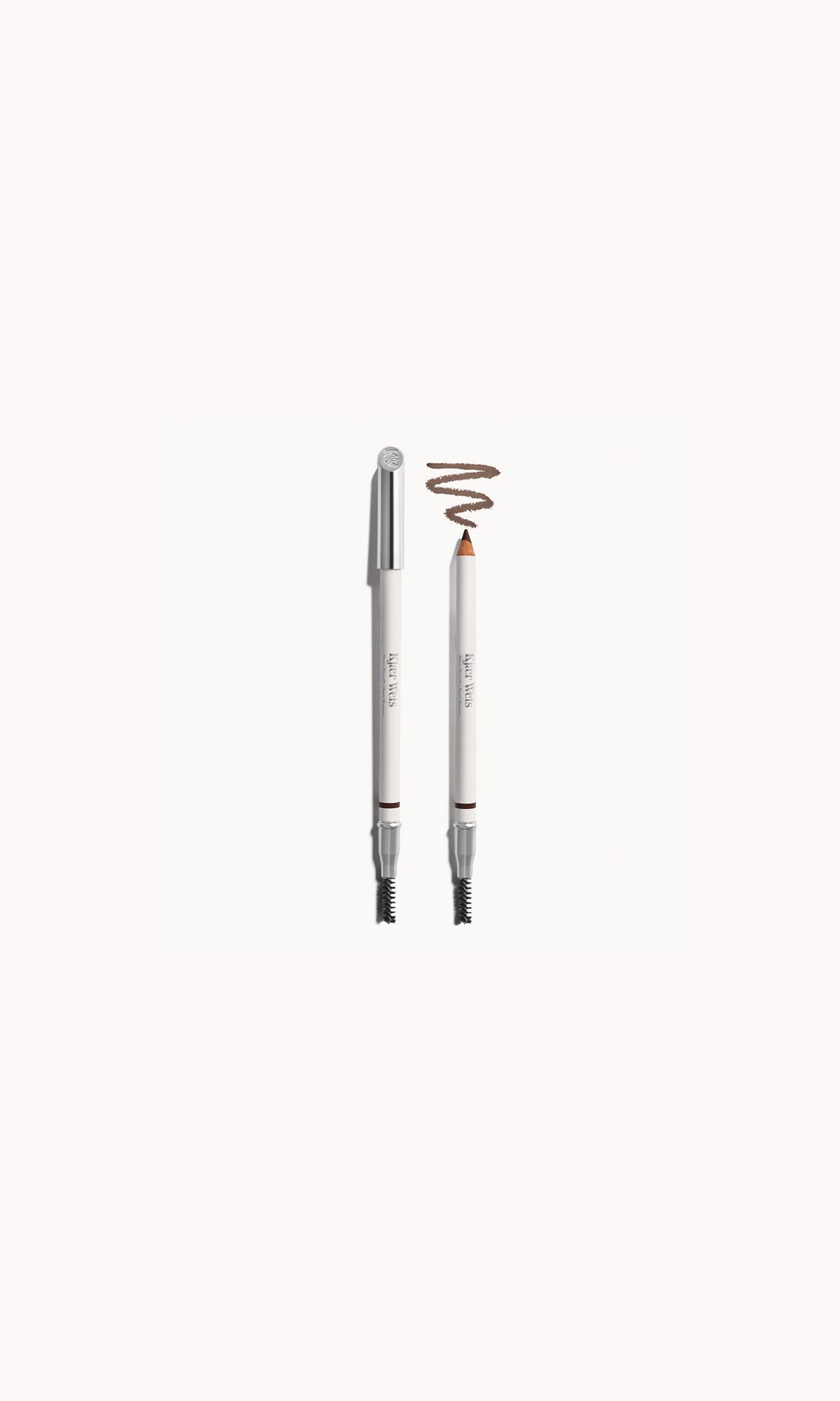 A wooden brow pencil with a spoolie, in deep brown color, displayed with its cap on and off, against a white background.