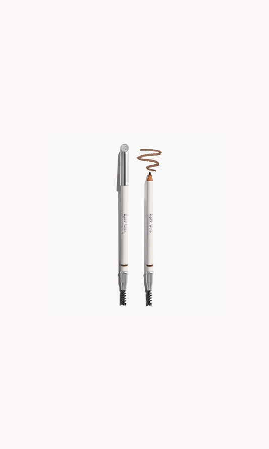 a brow pencil in medium brown color, displayed with its cap on and off, against a white background.