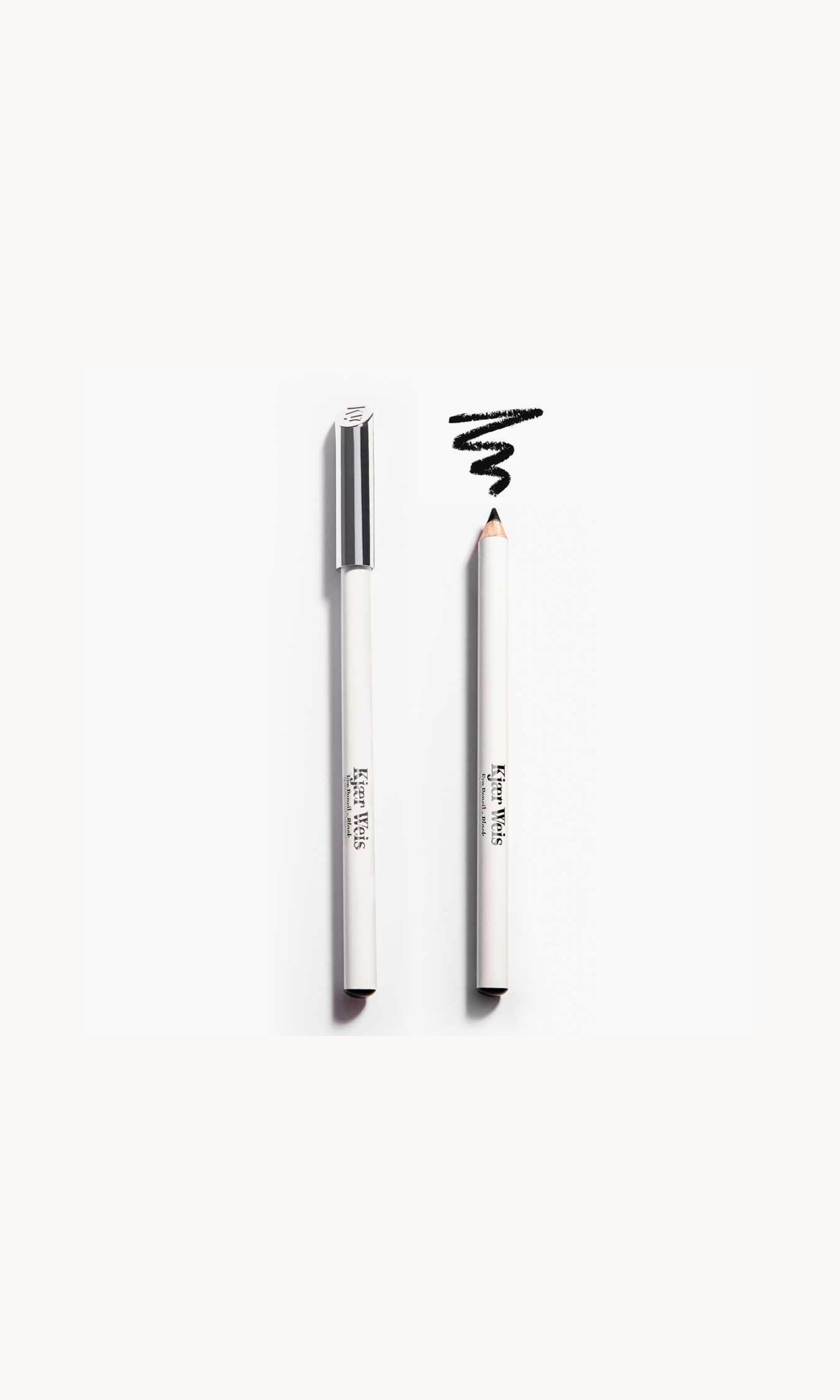 two white pencils on a white background. once pencil has a silver lid and the other shows the black pencil with a black line above it