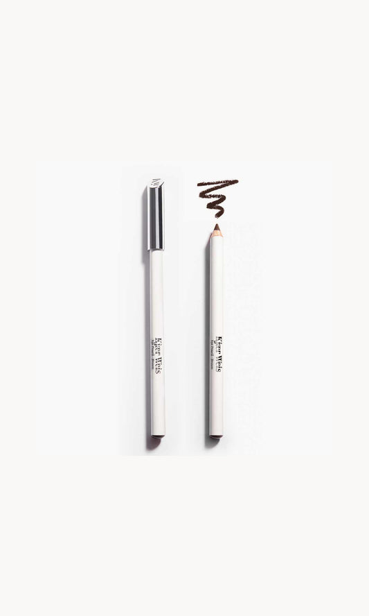 two white pencils on a white background. once pencil has a silver lid and the other shows the brown pencil with a brown line above it