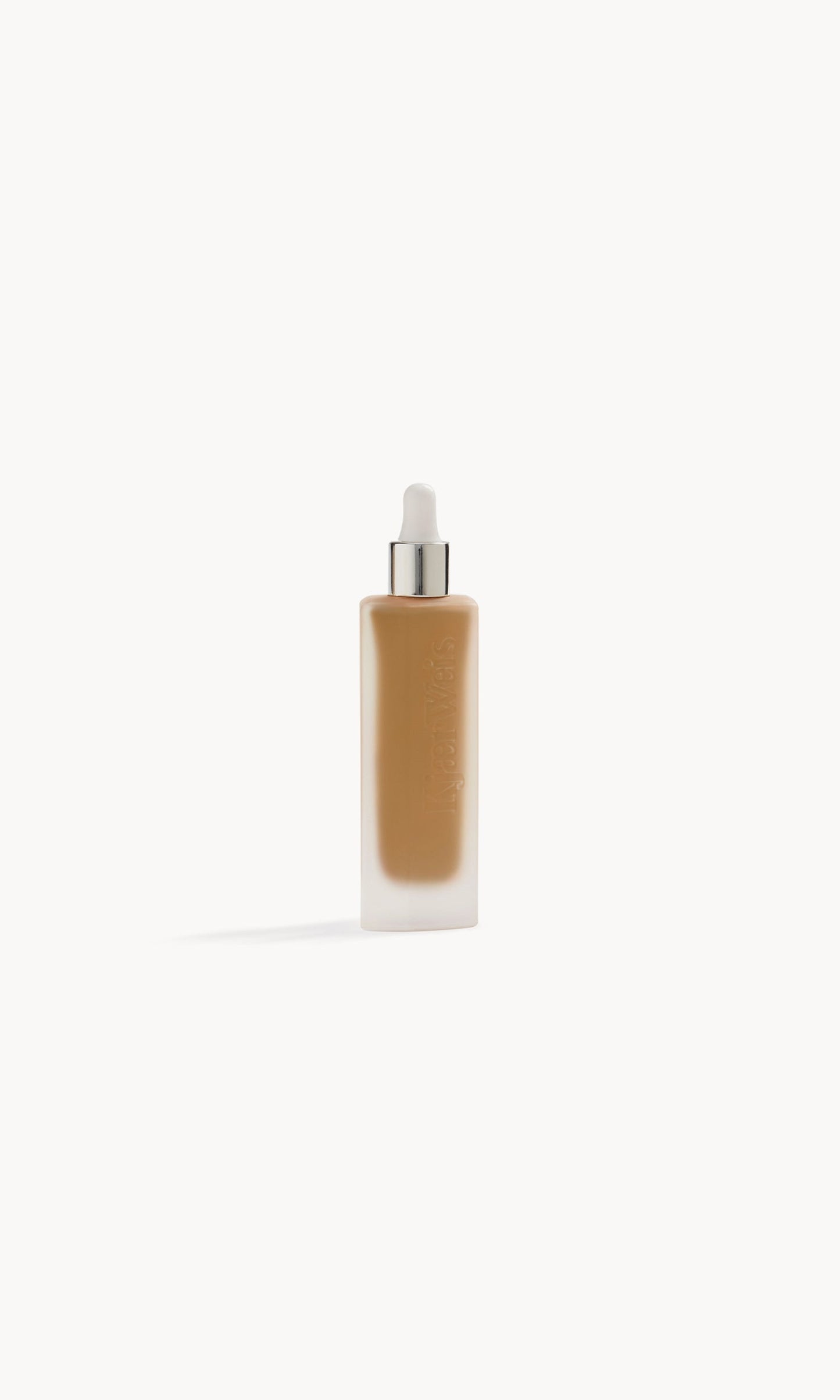 Frosted glass bottle with foundation inside and a white and silver pipette top