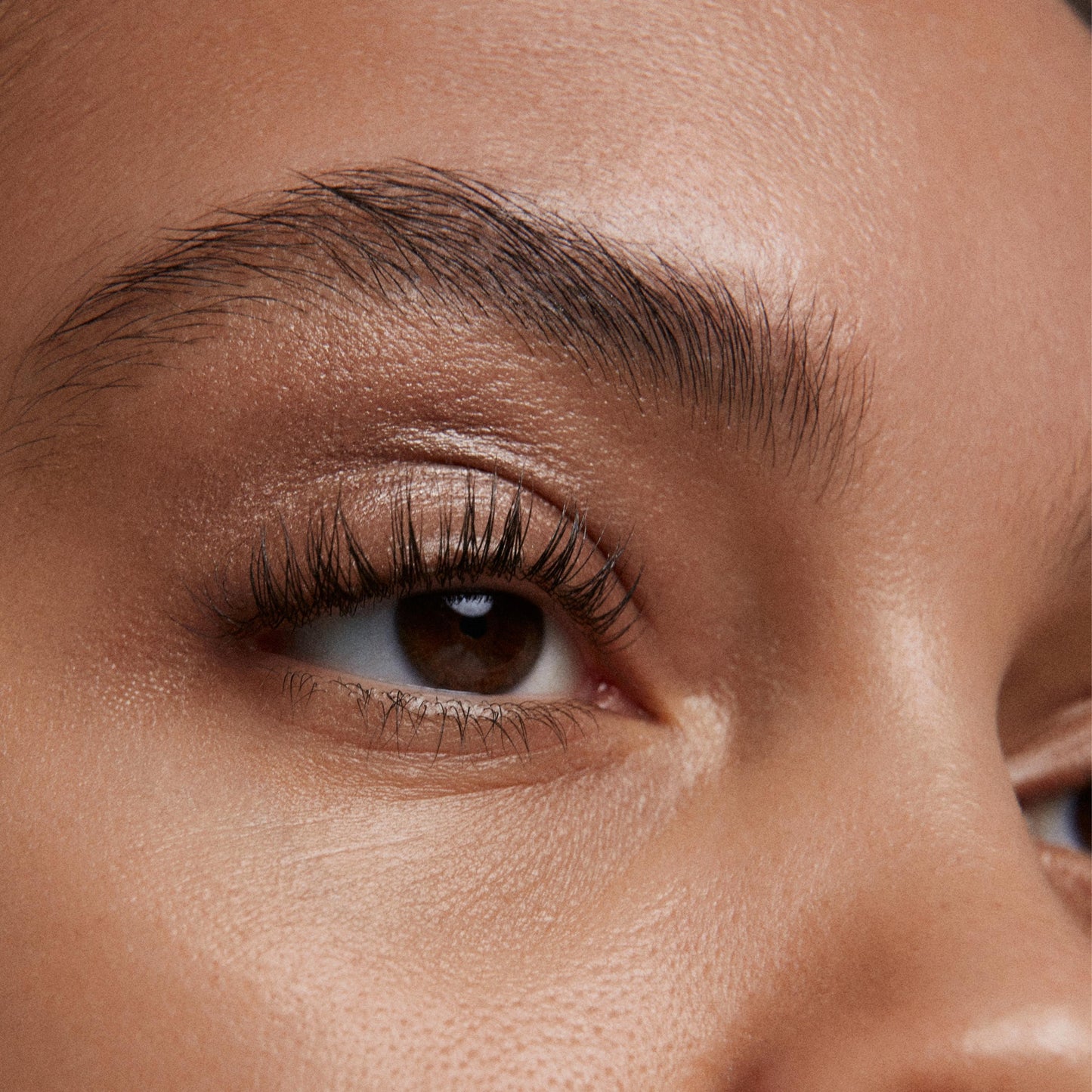 Close up of person’s eye with a medium skin tone wearing cream eye shadow