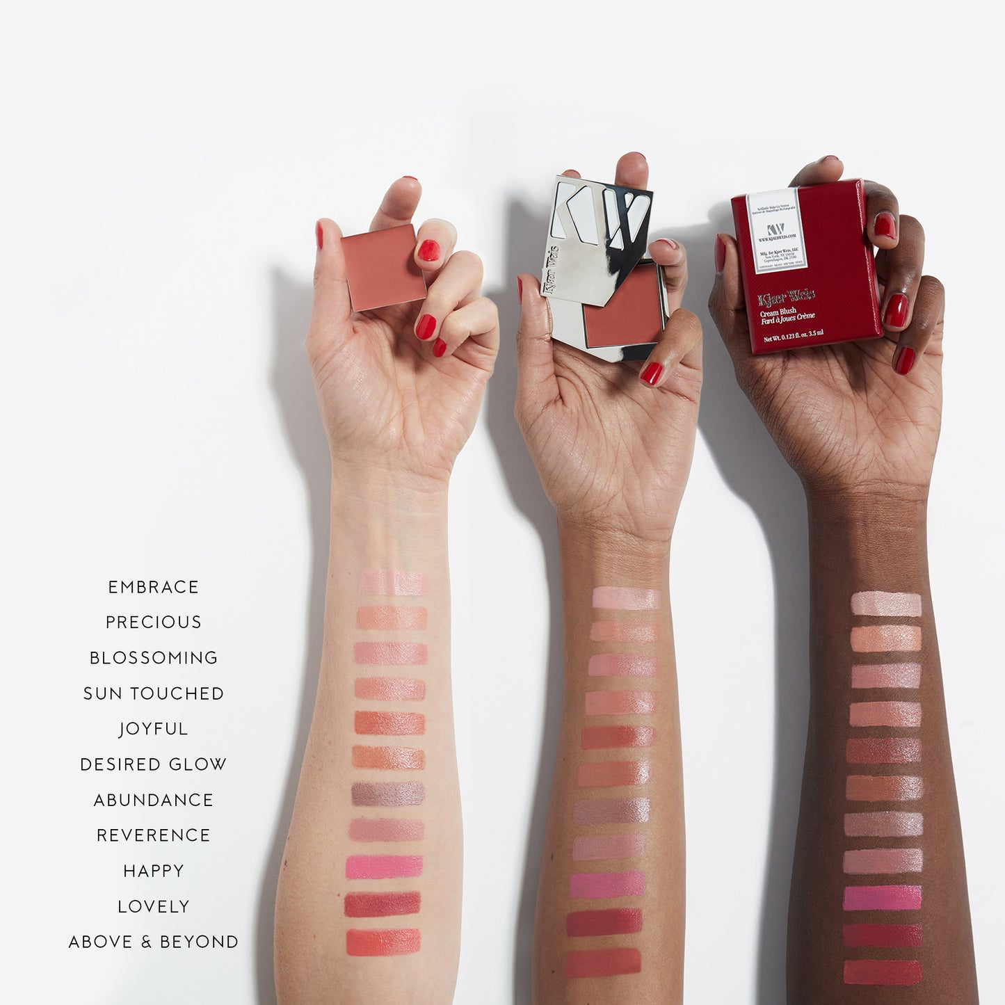 Three arms of different skin tones with swatches of different shades of lip tint