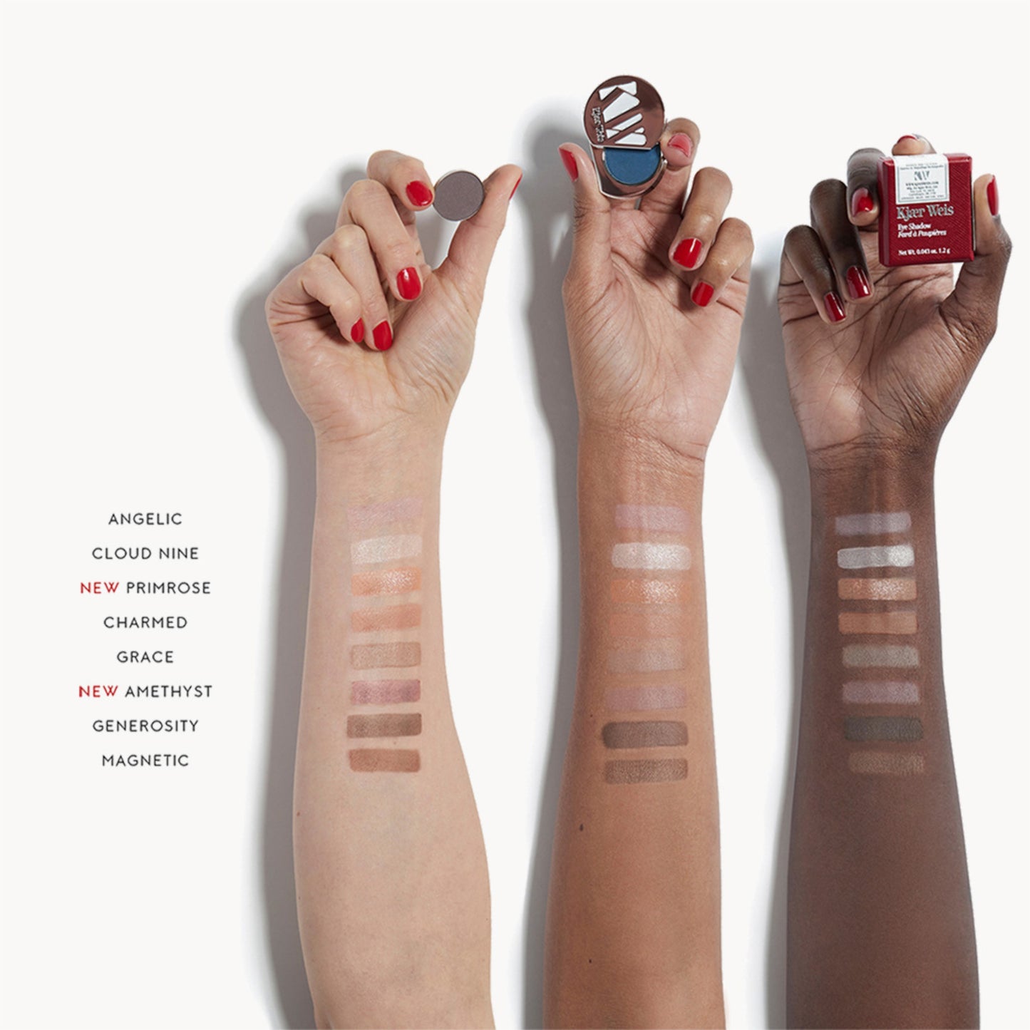 Three arms of three different skin tones all with a swatch of each eye shadow shade