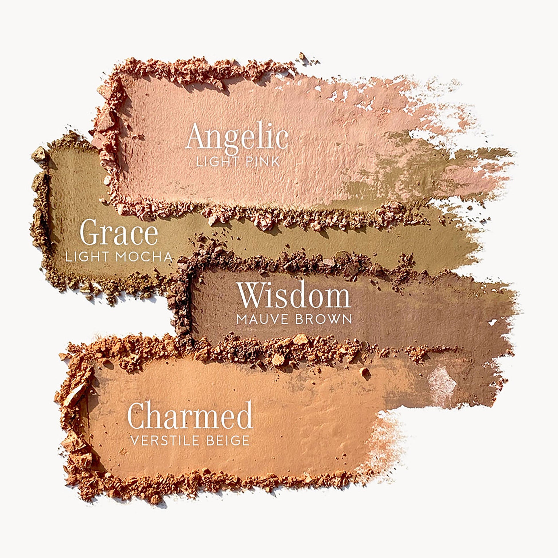 four swipes of each eye shadow shade labelled with the name – angelic is light pink, grace is light mocha, wisdom is mauve brown, charmed is versatile beige 