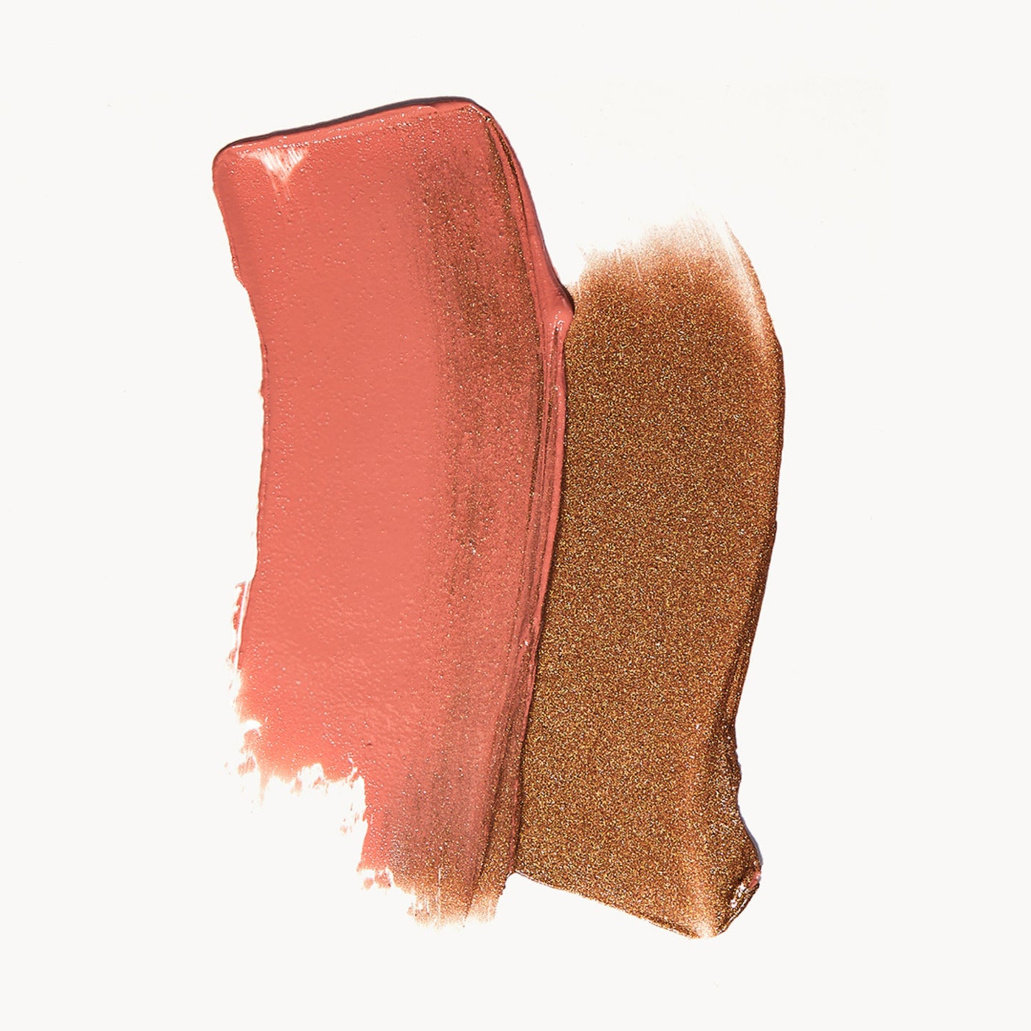 A wipe of warm pink cream blush and golden cream bronzer on a white background
