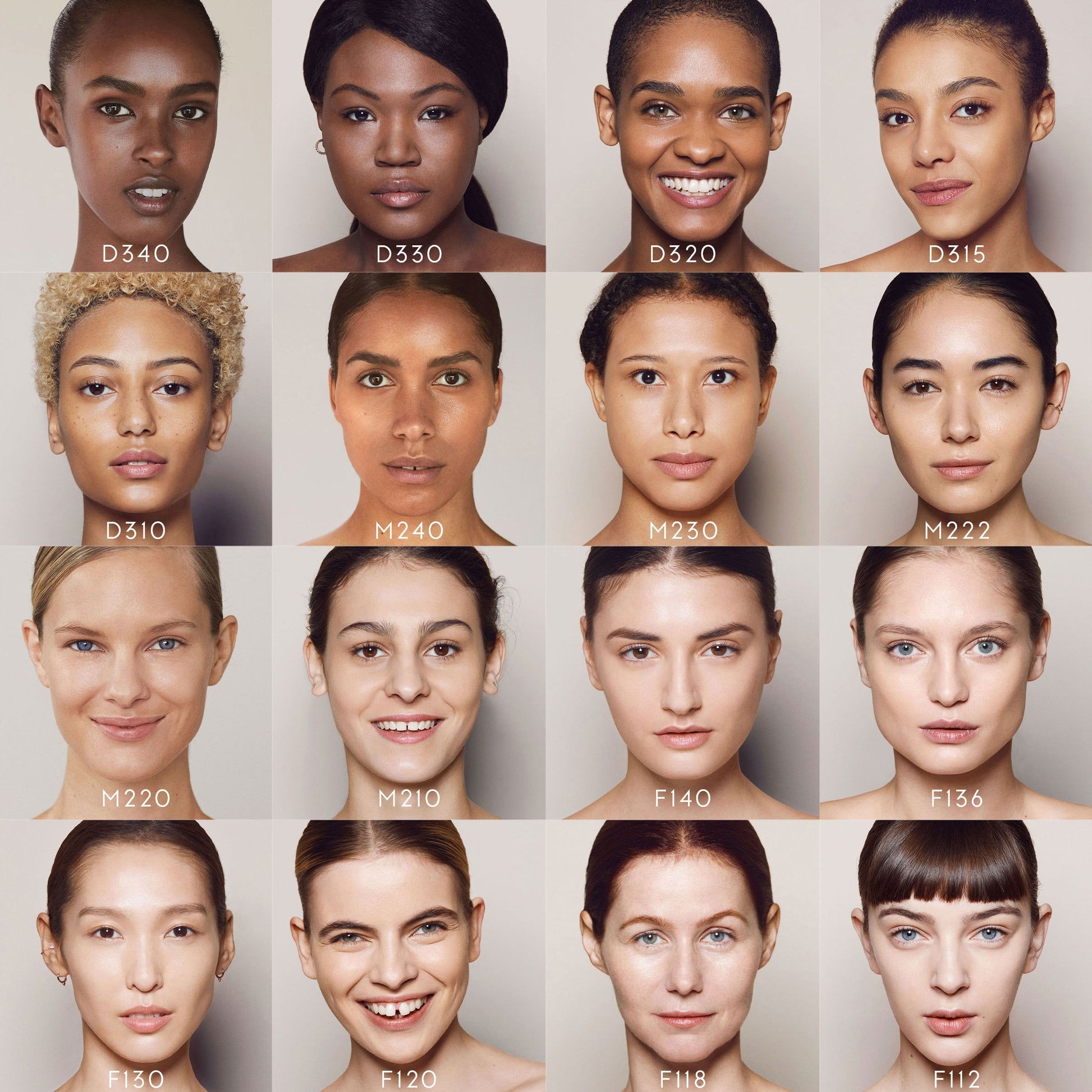 Close ups of various faces of different skin tones, from dark to light with the foundation shades they are wearing. M232 is the seventh-darkest shade shown. 