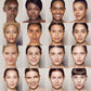 Close ups of various faces of different skin tones, from dark to light with the foundation shades they are wearing. F140 is the sixth-lightest shade shown. 