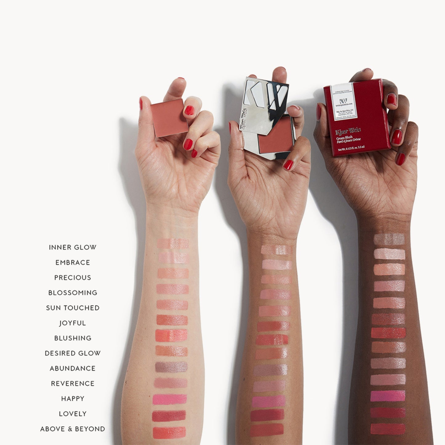 Three arms of three different skin tones all with a swatch of each cream blush shade