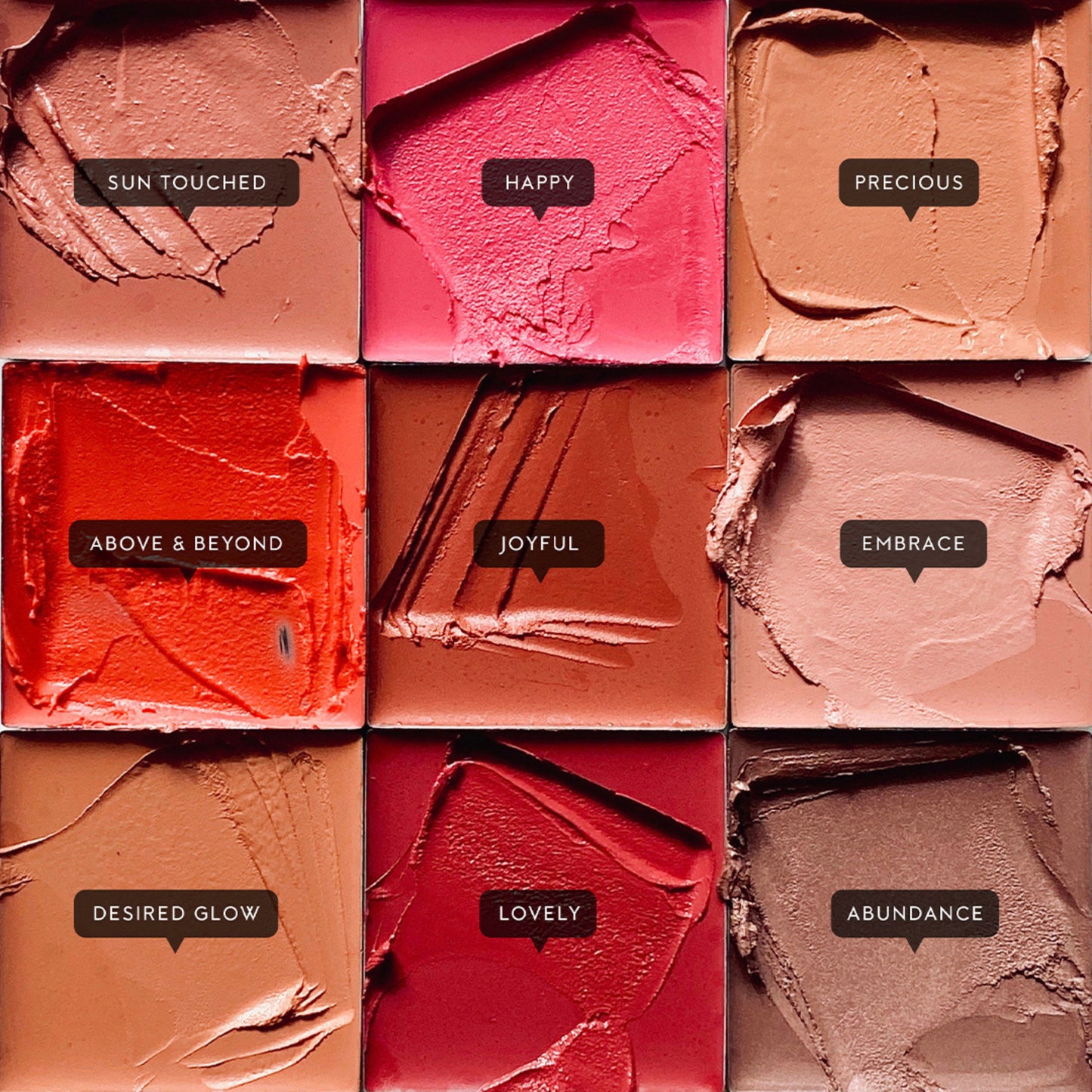 A palette with nine different shades of cream blush. Above and Beyond is a bright coral shade.