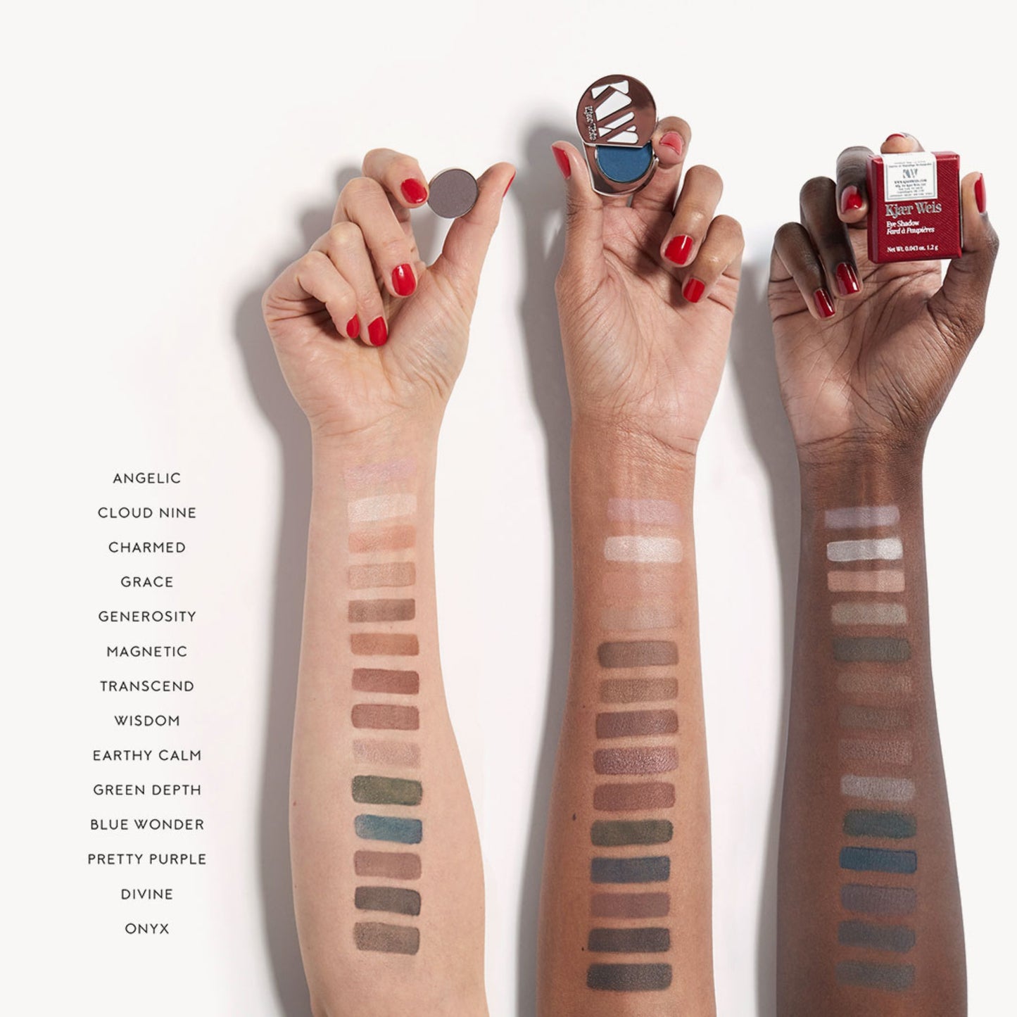 Three arms of three different skin tones all with a swatch of each eye shadow shade
