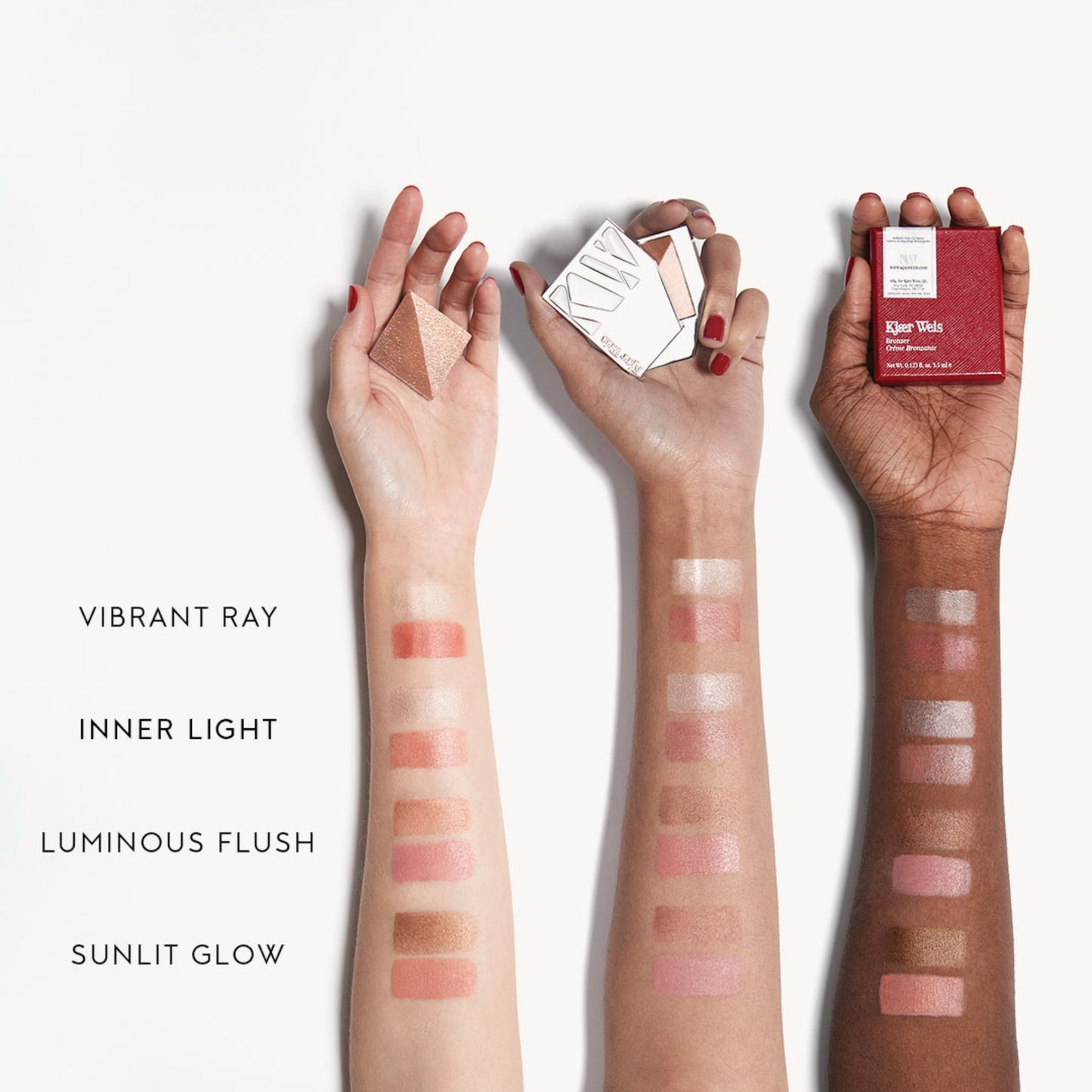 Three arms of three different skin tones all with a swatch of each flush and glow shade