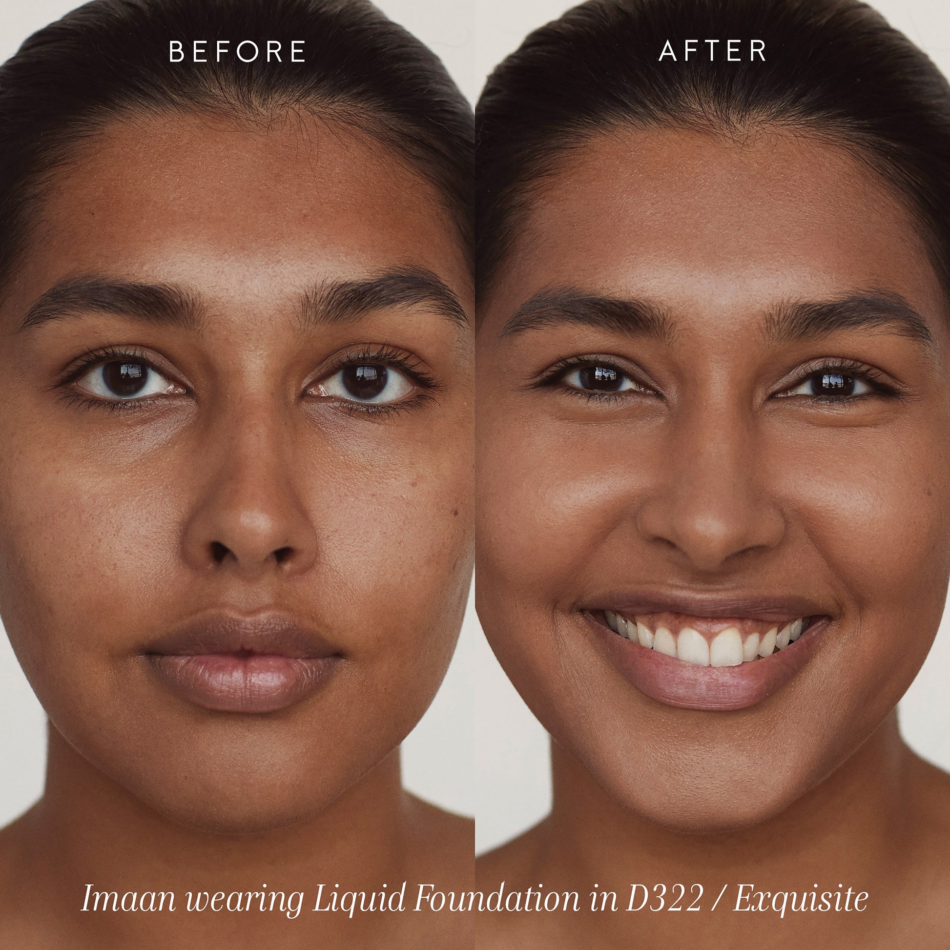 two close ups of a person’s face showing before and after applying invisible touch liquid foundation. 