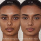 Two close ups of a person’s face showing before and after applying Invisible Touch Liquid Foundation. 