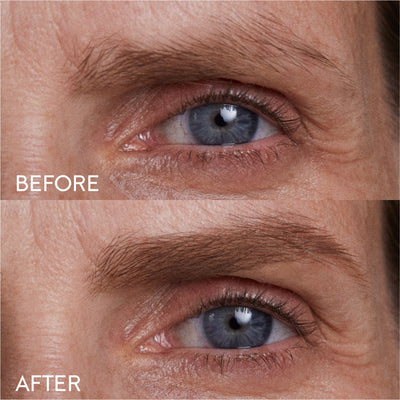 Before and after comparison of a person's eyebrows, showing the visible difference after using the blonde brow pencil.