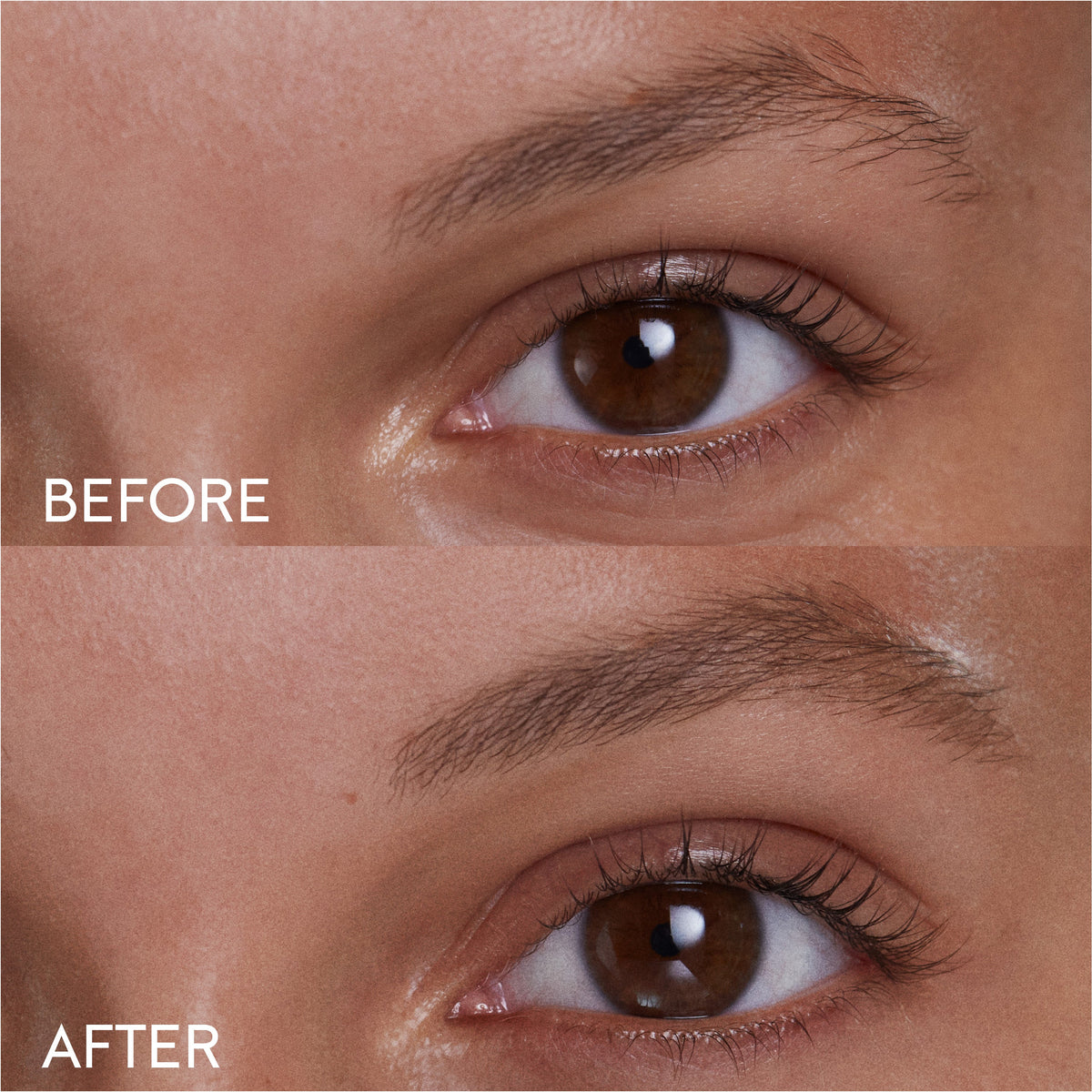 Before and after comparison of a person's eyebrows, showing the visible difference after using the deep brown brow pencil.