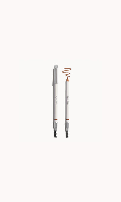 A wooden brow pencil with a spoolie, in blonde color, displayed with its cap on and off, against a white background.