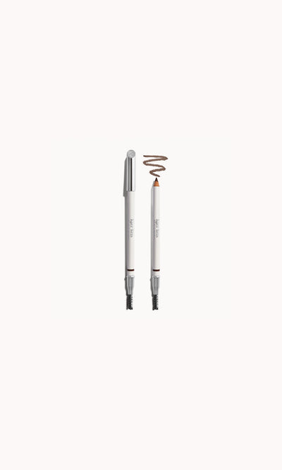 A wooden brow pencil with a spoolie, in deep brown color, displayed with its cap on and off, against a white background.