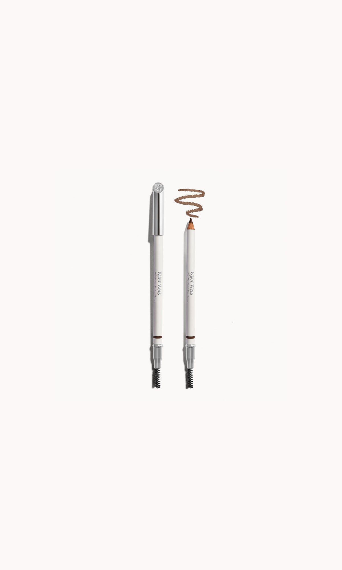 A wooden brow pencil with a spoolie, in medium brown color, displayed with its cap on and off, against a white background.
