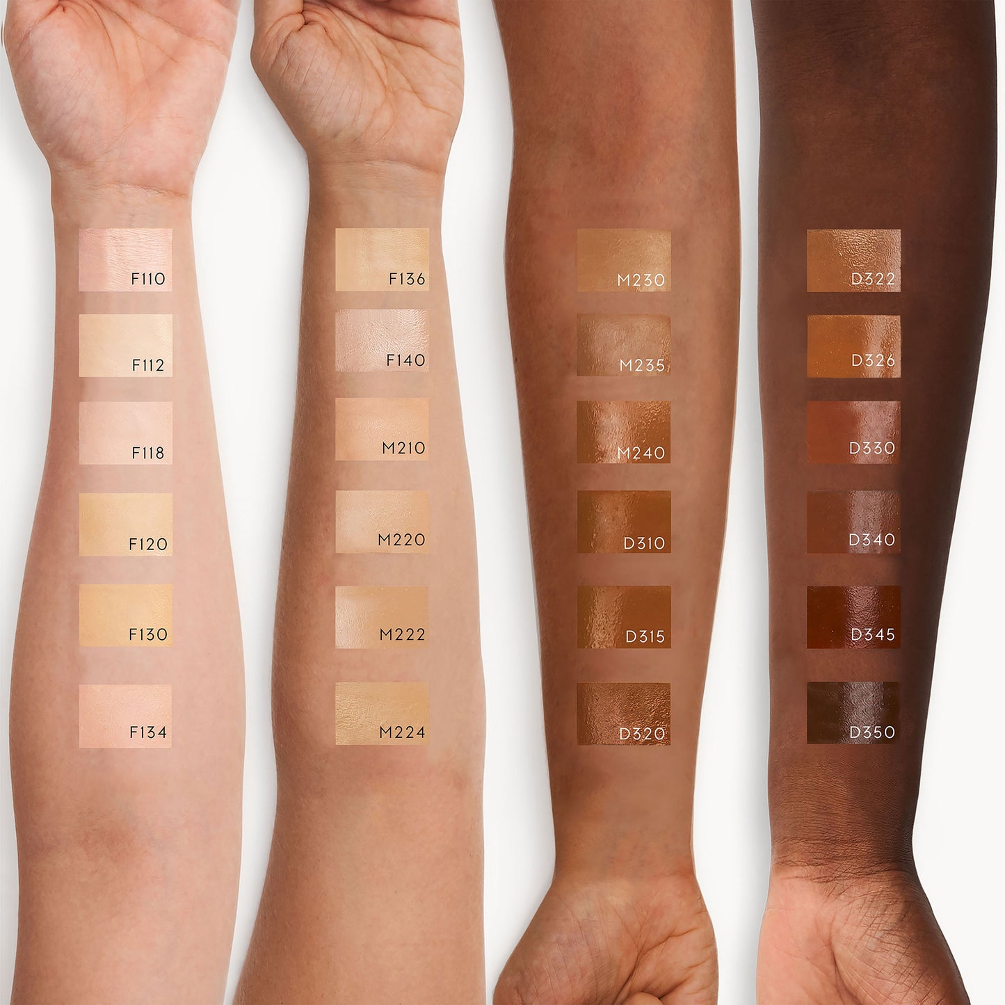 Four arms of different skin tones all with a swatch of cream foundation from darkest to lightest shade. D326 is the second-lightest shade on the deepest skin tone.  