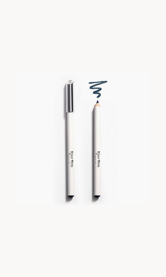 two white pencils on a white background. once pencil has a silver lid and the other shows the blue pencil with a blue line above it