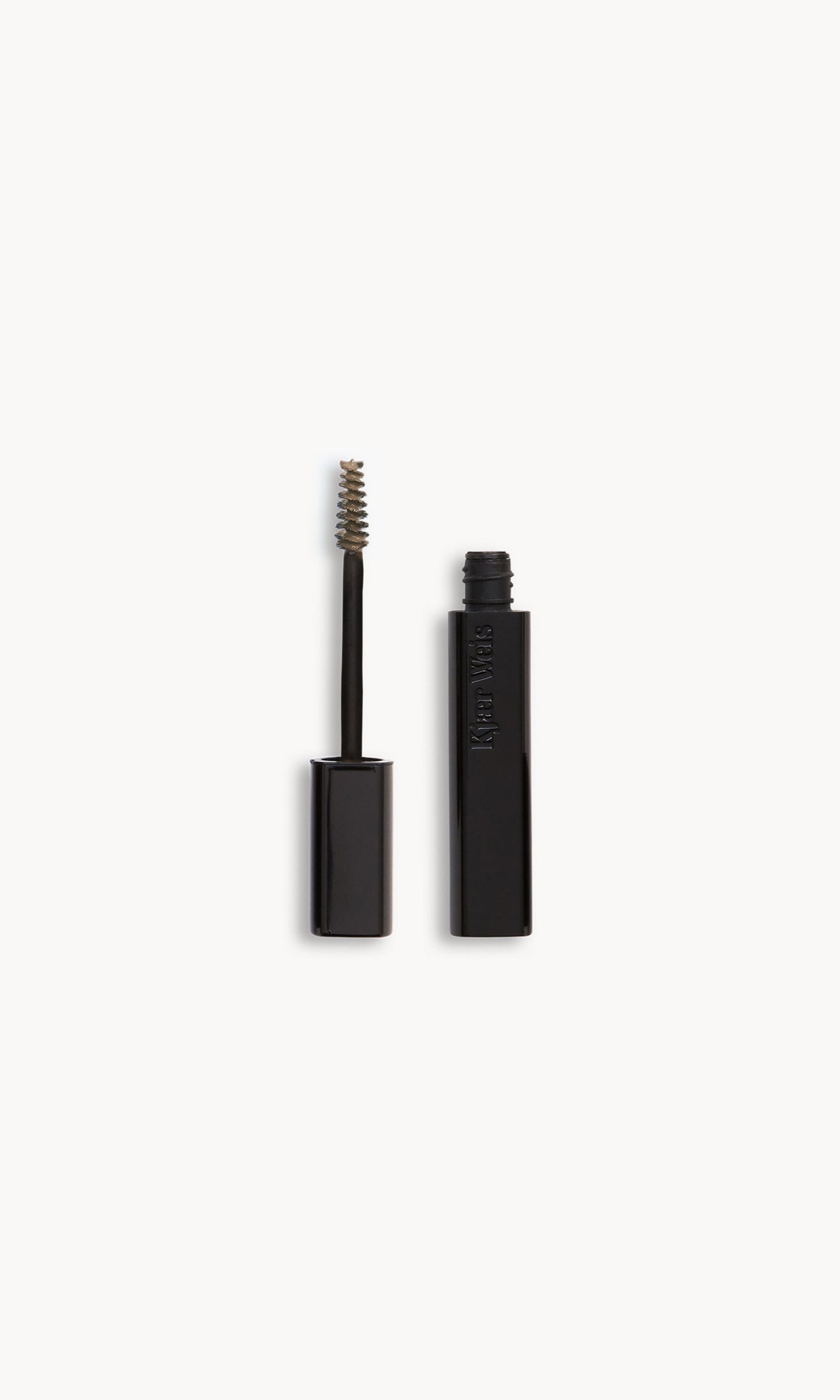 kjaer weis brow gel wand and bottle side by side, with blonde product on the wand