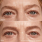 Two close up photos of someone’s eyes, one with no brow gel and one after brow gel has been used, showing groomed fluffy brows