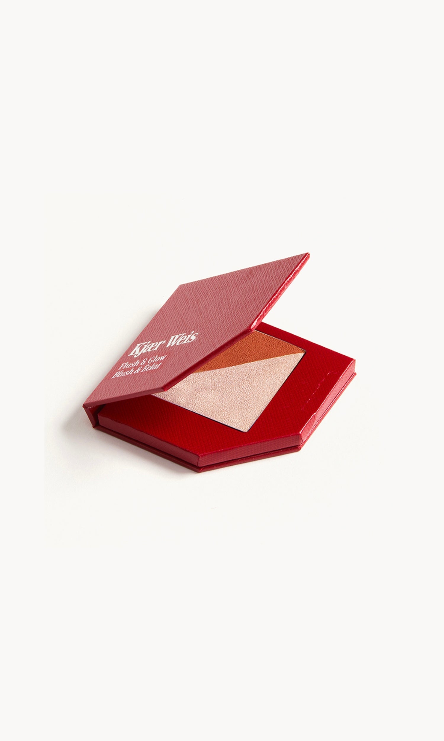 Red KW palette open to show the bronze-coloured cream blush and moon-sheer cream highlighter inside.