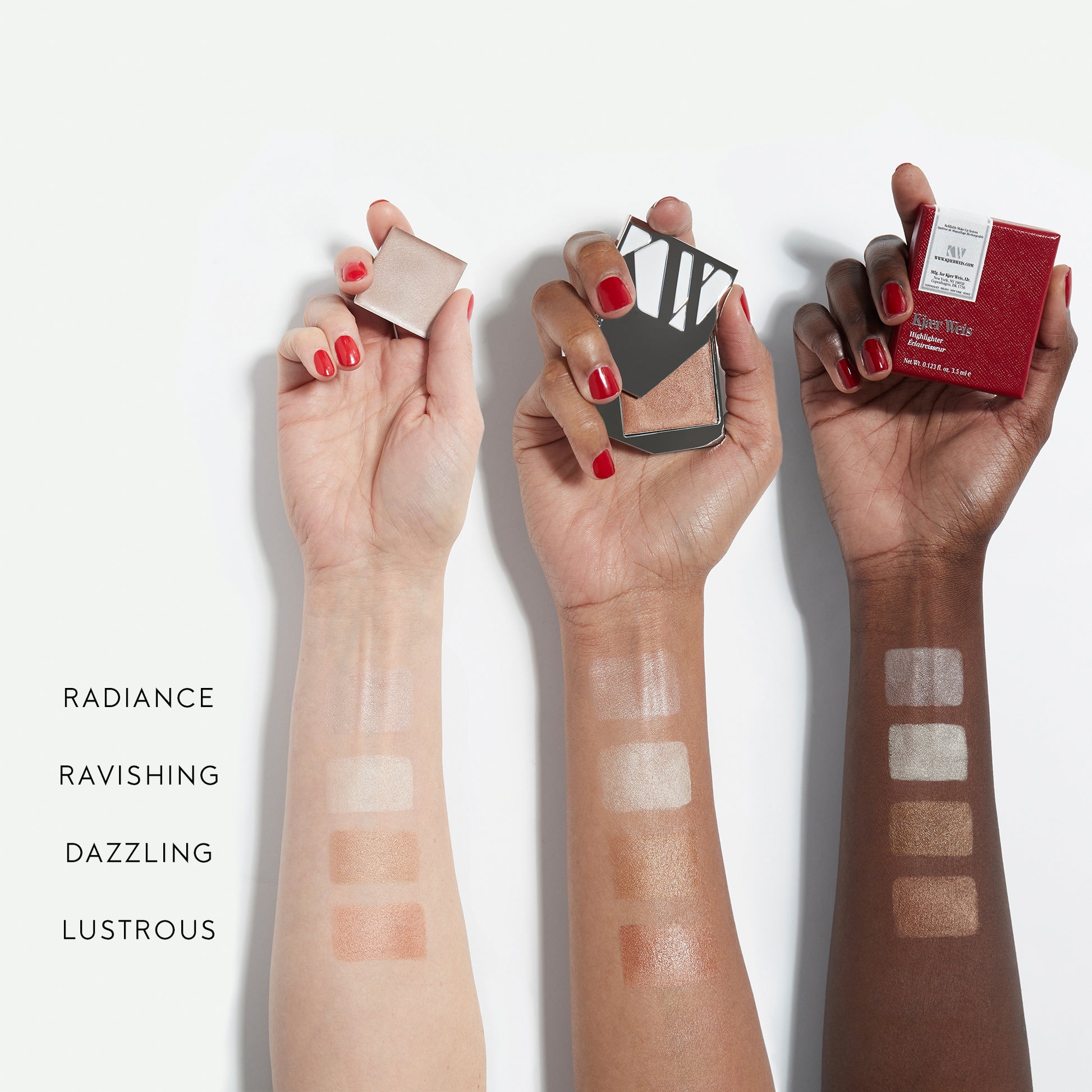 Three arms of different skin tones with swatches of cream glow in four different shades