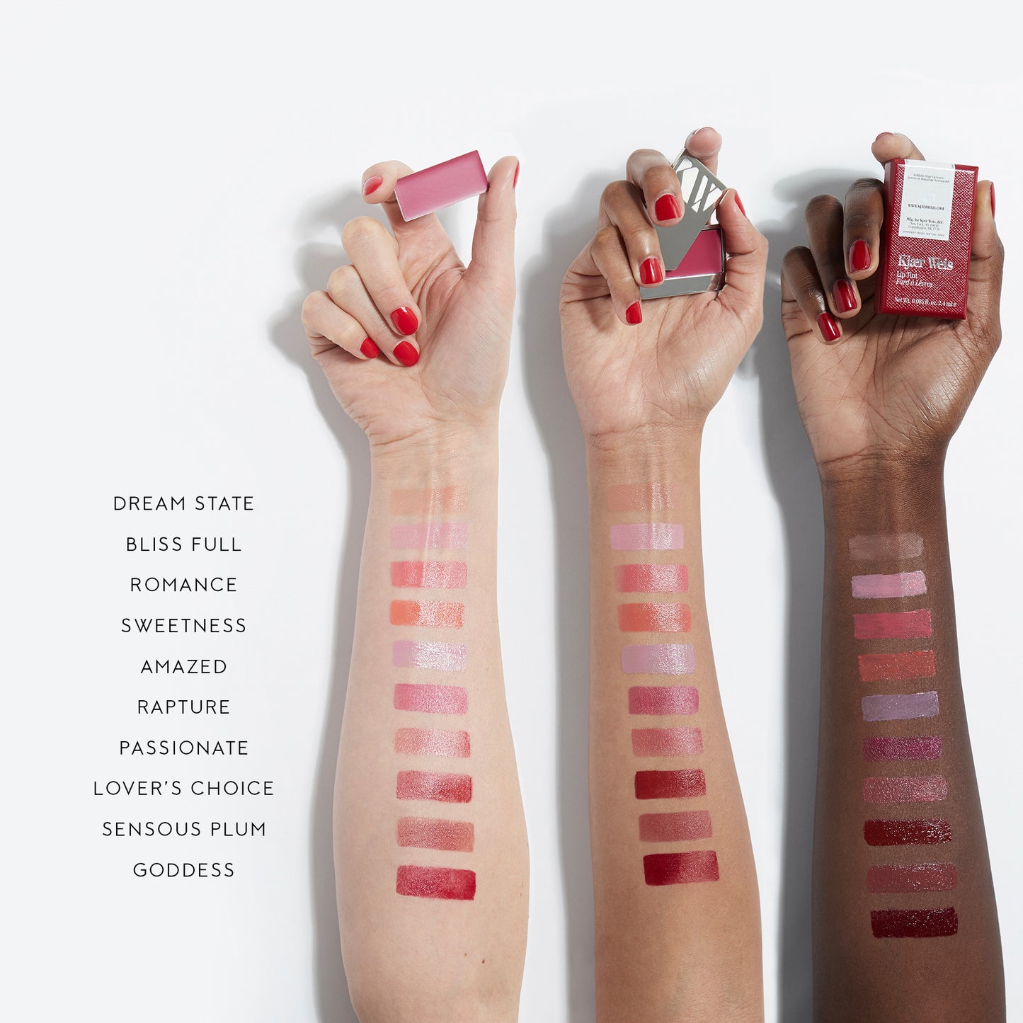 Three arms of different skin tones with swatches of cream blush in 10 different shades