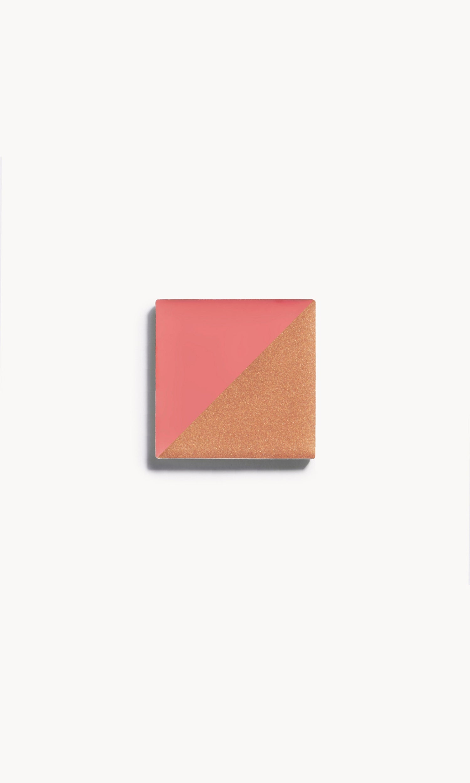 A square of pink cream blush and cream bronzer, split diagonally with a shade on each side