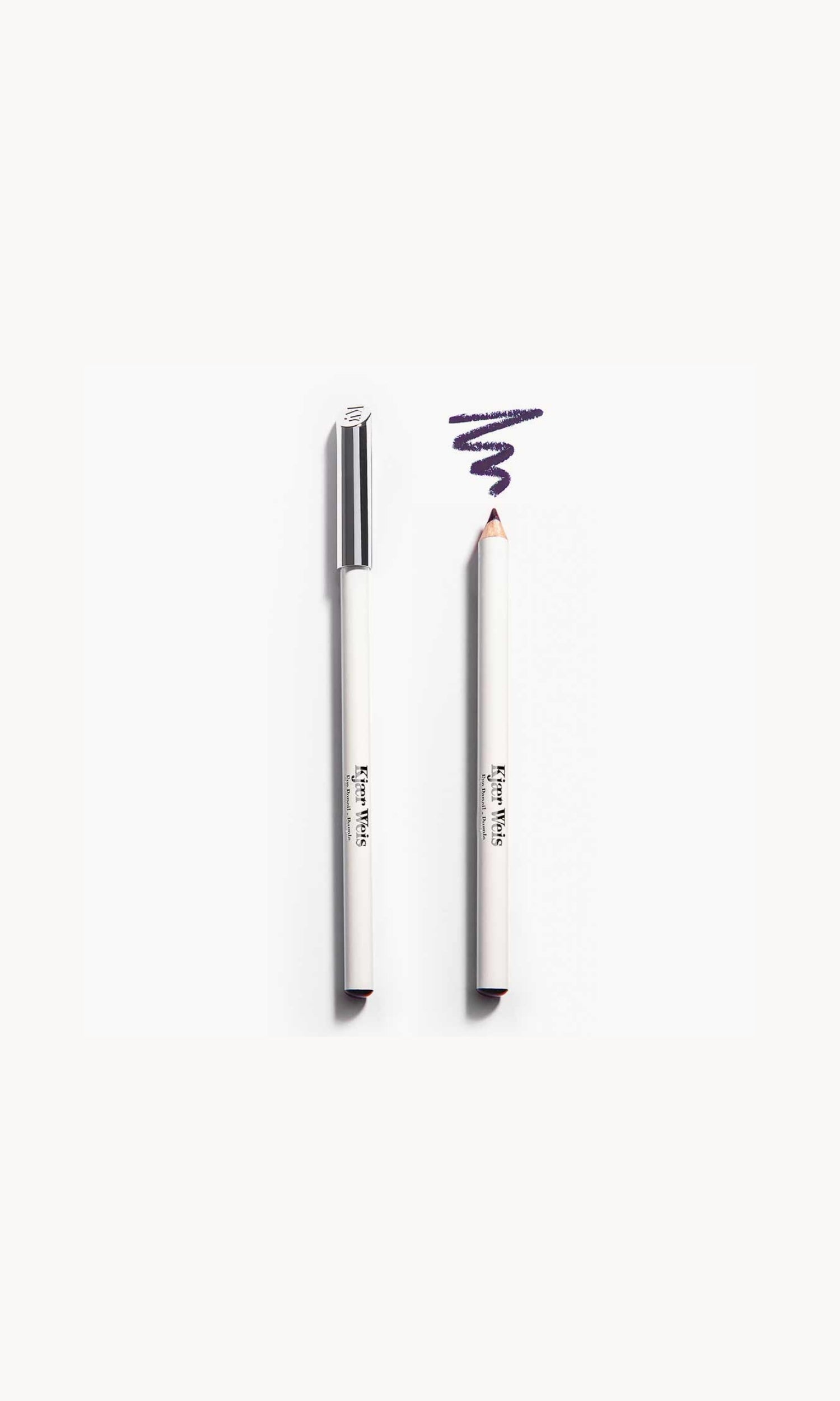 Two white pencils on a white background. Once pencil has a silver lid and the other shows the deep purple pencil with a purple line above it