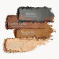 Four swipes of each eye shadow shade labelled with the name – Divine is neutral grey, Earthy Calm is warm brown, Magnetic is brown gold, Cloud Nine is light ivory